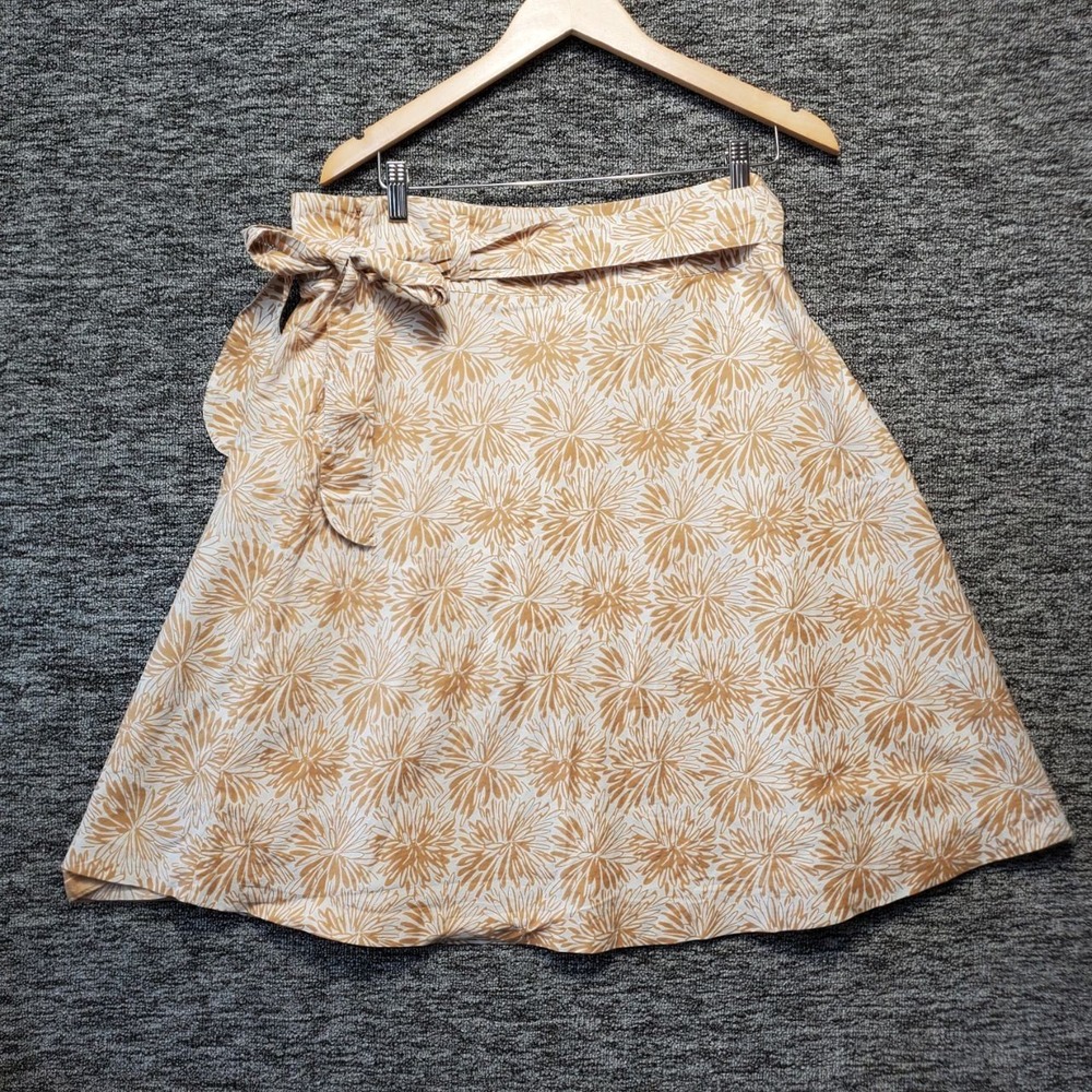 Lands End Sunburst Floral Print A-Line Skirt Womens 12 Tan White Tie Belt Belted